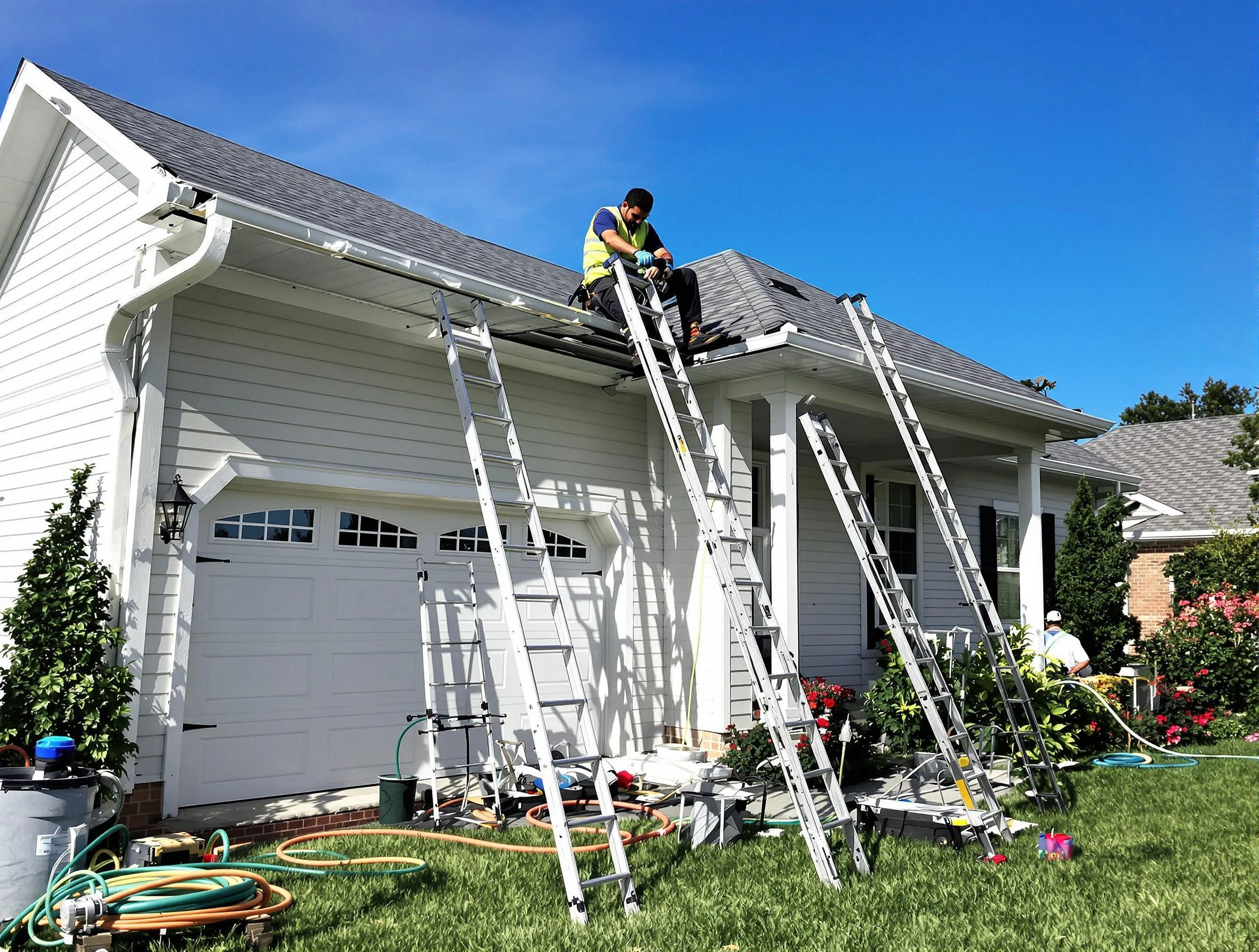 Removal of old gutters by Bedford Roofing Company to install new system in Bedford, OH